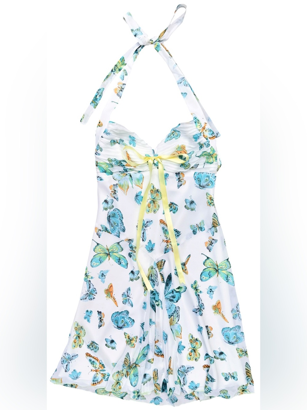 ABS Vintage Y2K Butterfly Print Halter Mini Dress Blue White - US 6 / UK 10